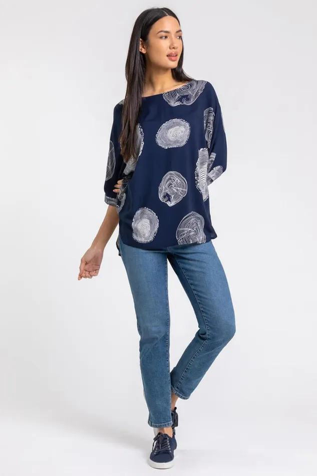 Navy Linear Abstract Print Tunic Top Women Roman Tops
