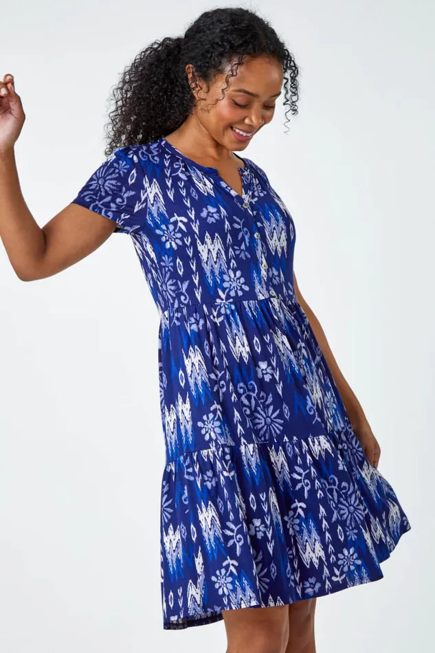 Navy Petite Aztec Print Tiered Dress Women Roman Dresses