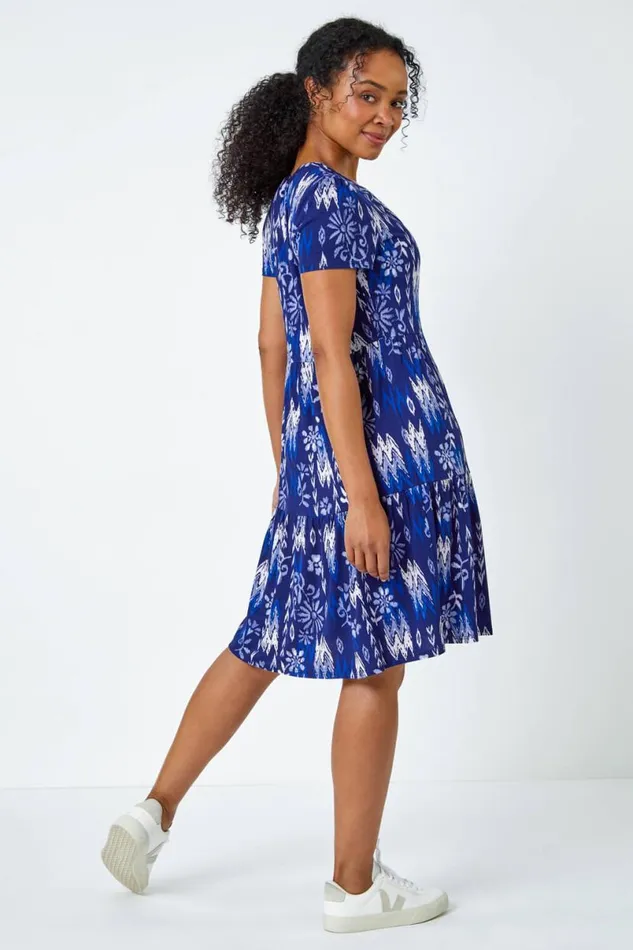 Navy Petite Aztec Print Tiered Dress Women Roman Dresses