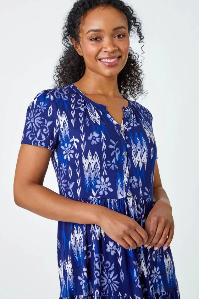 Navy Petite Aztec Print Tiered Dress Women Roman Dresses