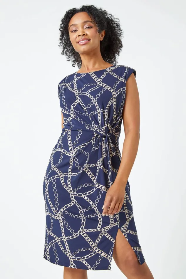 Navy Petite Chain Print Knot Detail Ruched Dress Women Roman Dresses