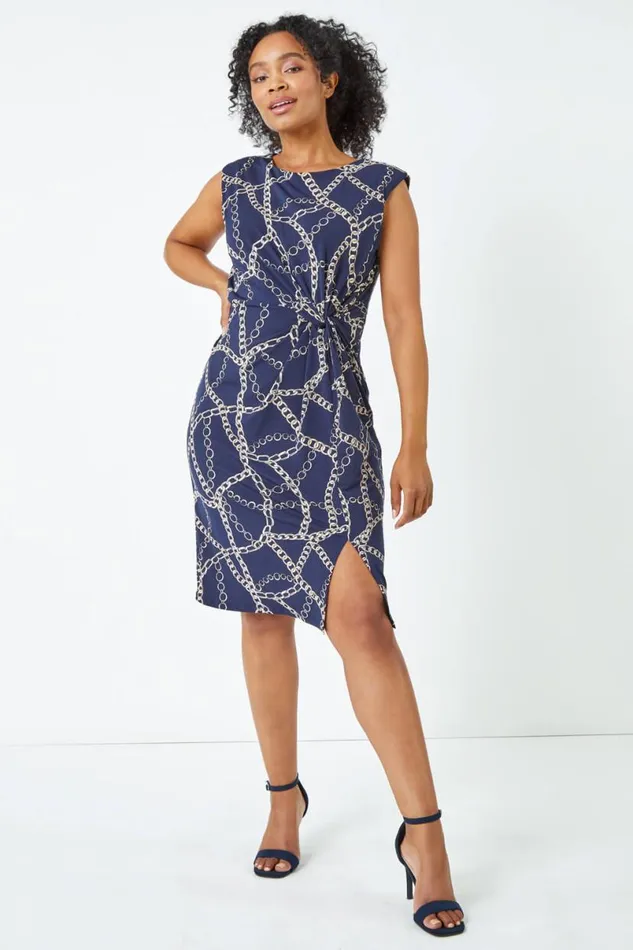 Navy Petite Chain Print Knot Detail Ruched Dress Women Roman Dresses