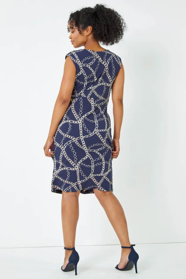 Navy Petite Chain Print Knot Detail Ruched Dress Women Roman Dresses