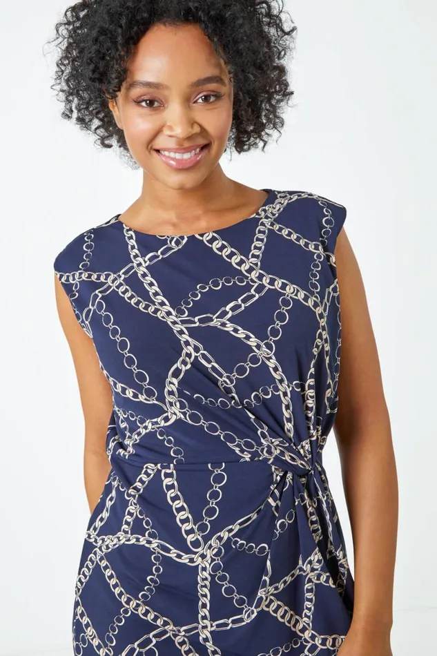 Navy Petite Chain Print Knot Detail Ruched Dress Women Roman Dresses