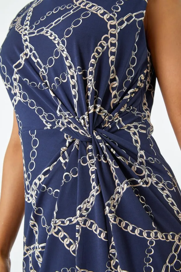 Navy Petite Chain Print Knot Detail Ruched Dress Women Roman Dresses