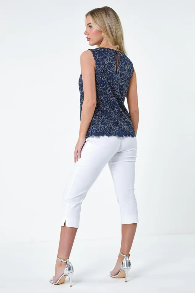 Navy Petite Cotton Blend Lace Overlay Top Women Roman Tops