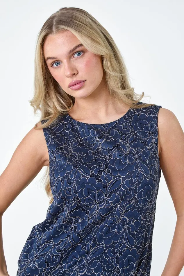 Navy Petite Cotton Blend Lace Overlay Top Women Roman Tops