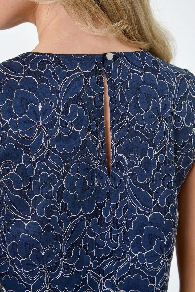 Navy Petite Cotton Blend Lace Overlay Top Women Roman Tops