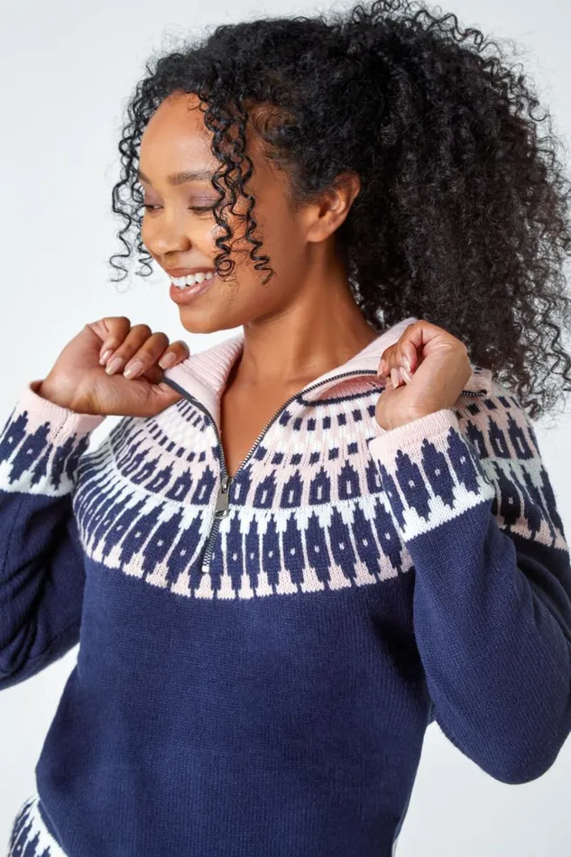Navy Petite Fairisle Zip Detail Jumper Women Roman Knitwear