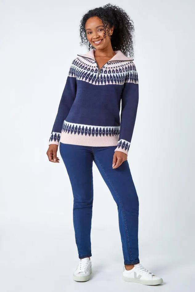 Navy Petite Fairisle Zip Detail Jumper Women Roman Knitwear