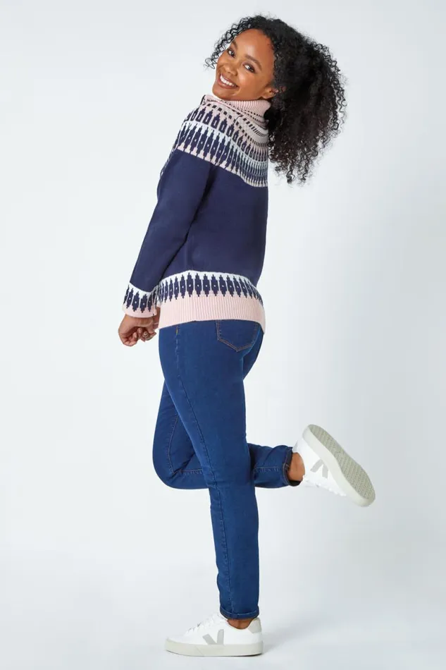 Navy Petite Fairisle Zip Detail Jumper Women Roman Knitwear