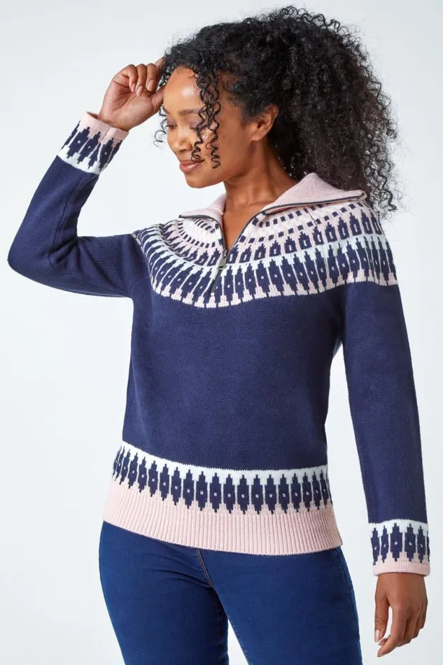 Navy Petite Fairisle Zip Detail Jumper Women Roman Knitwear