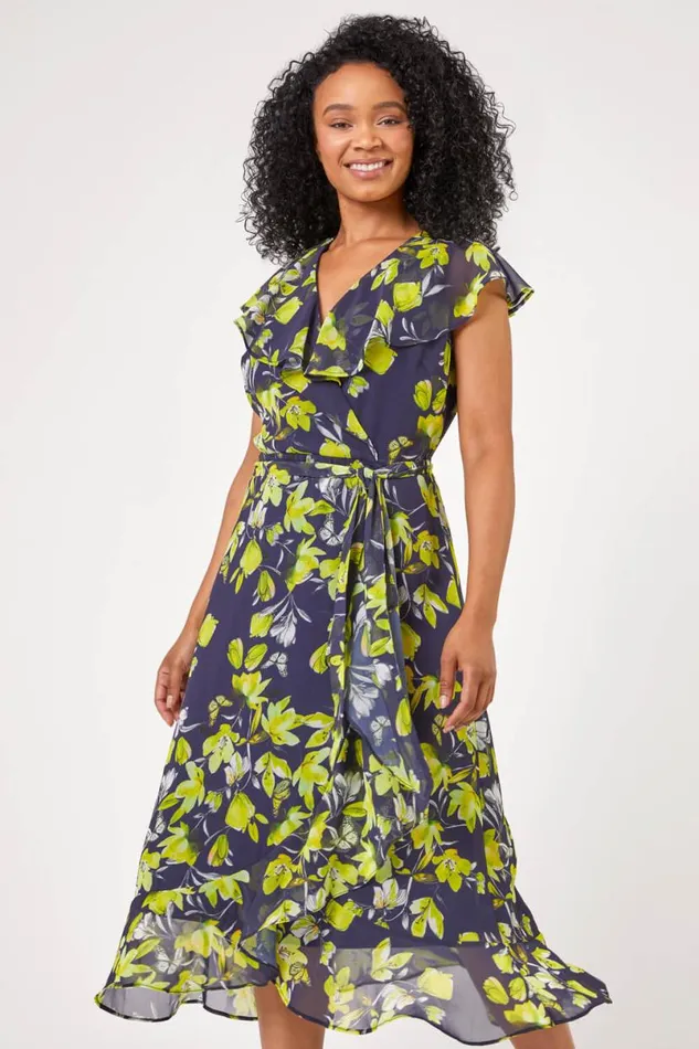 Navy Petite Floral Chiffon Frill Dress Women Roman Dresses