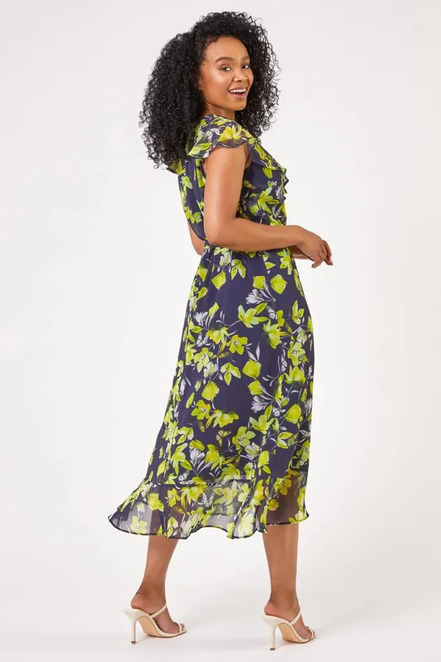 Navy Petite Floral Chiffon Frill Dress Women Roman Dresses