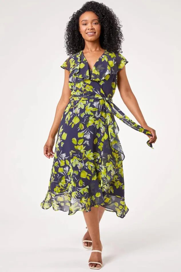 Navy Petite Floral Chiffon Frill Dress Women Roman Dresses