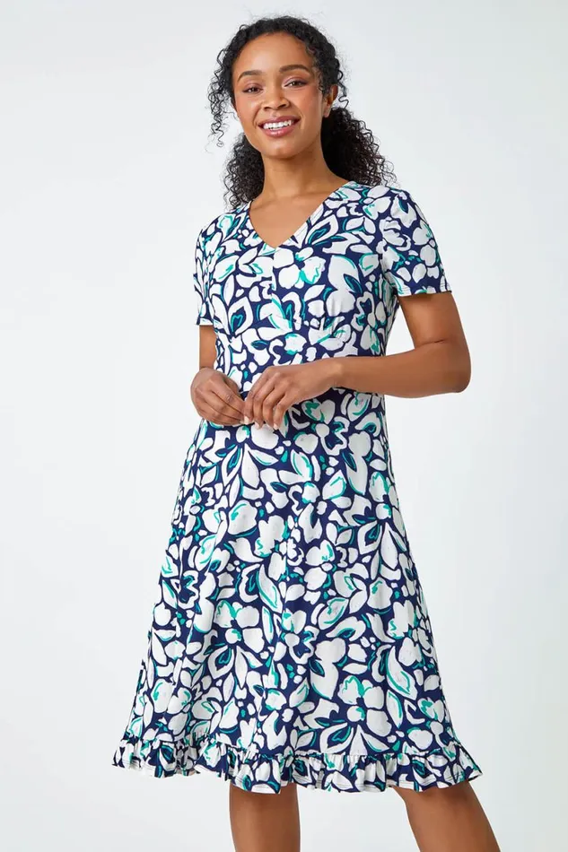 Navy Petite Floral Frill Hem Stretch Dress Women Roman Dresses