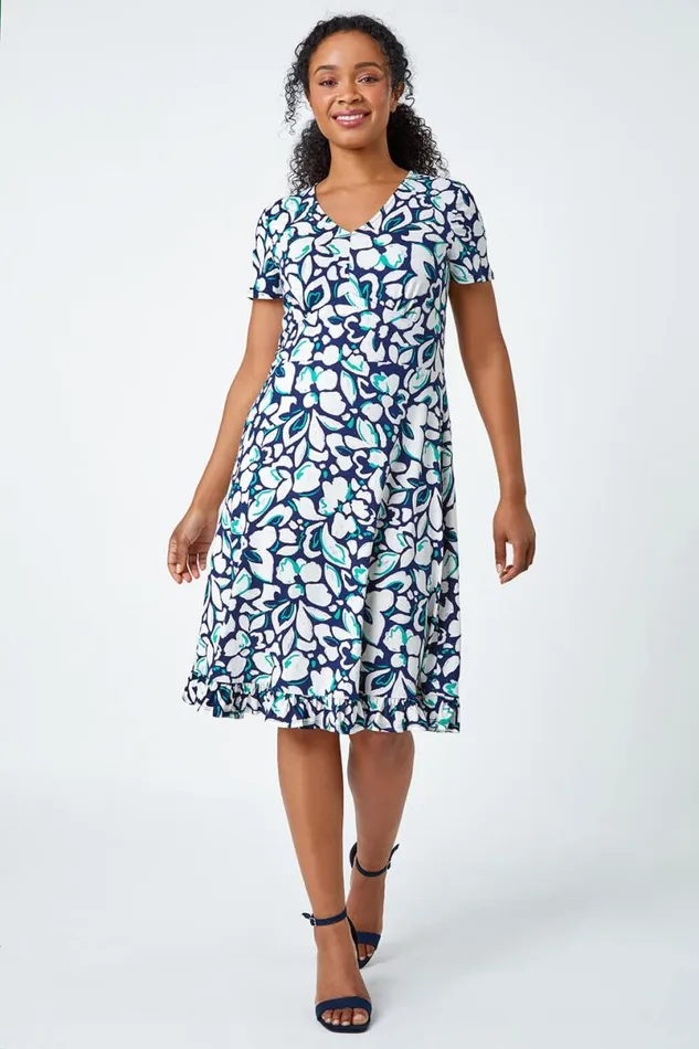 Navy Petite Floral Frill Hem Stretch Dress Women Roman Dresses