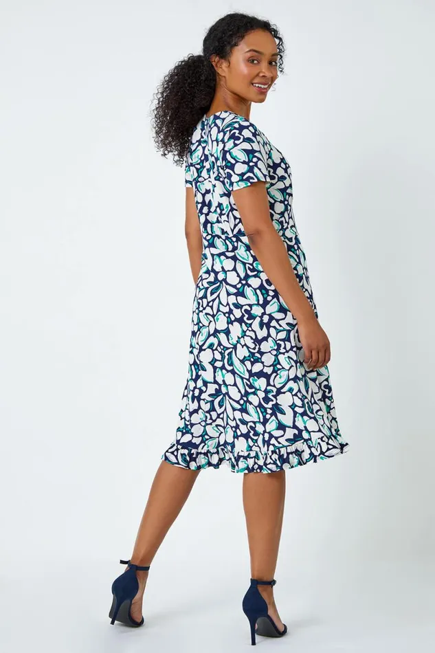 Navy Petite Floral Frill Hem Stretch Dress Women Roman Dresses