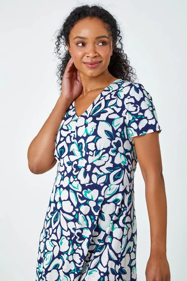 Navy Petite Floral Frill Hem Stretch Dress Women Roman Dresses