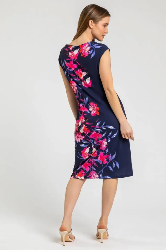 Navy Petite Floral Ruched Waist Dress Women Roman Dresses
