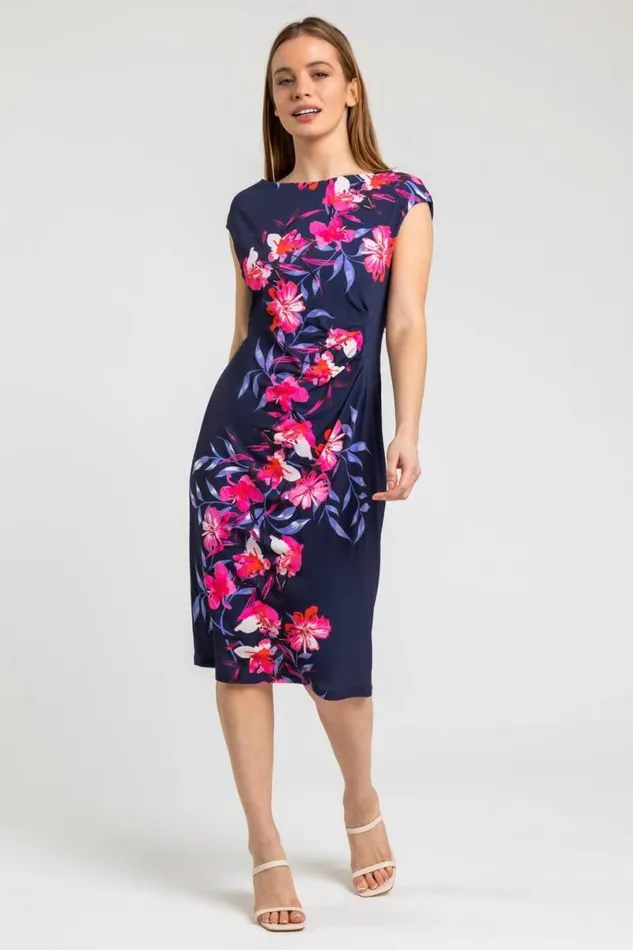 Navy Petite Floral Ruched Waist Dress Women Roman Dresses