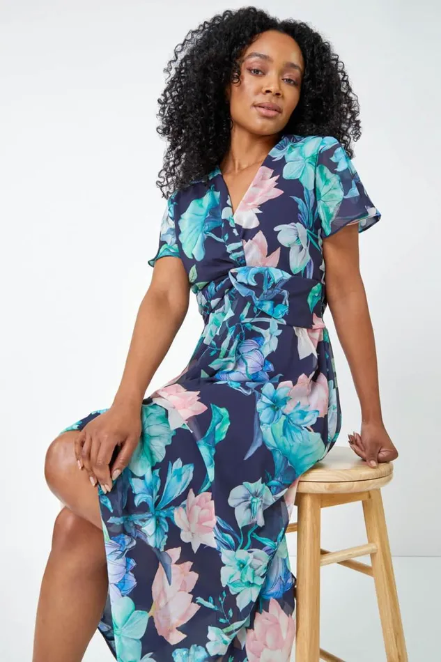 Navy Petite Floral Twist Front Chiffon Maxi Dress Women Roman Dresses