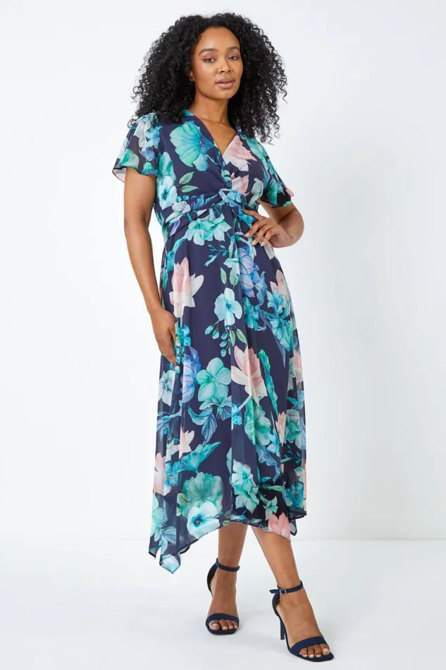 Navy Petite Floral Twist Front Chiffon Maxi Dress Women Roman Dresses
