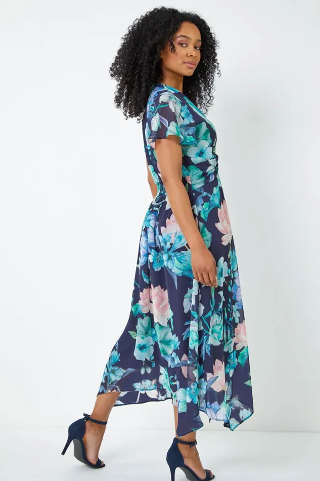 Navy Petite Floral Twist Front Chiffon Maxi Dress Women Roman Dresses