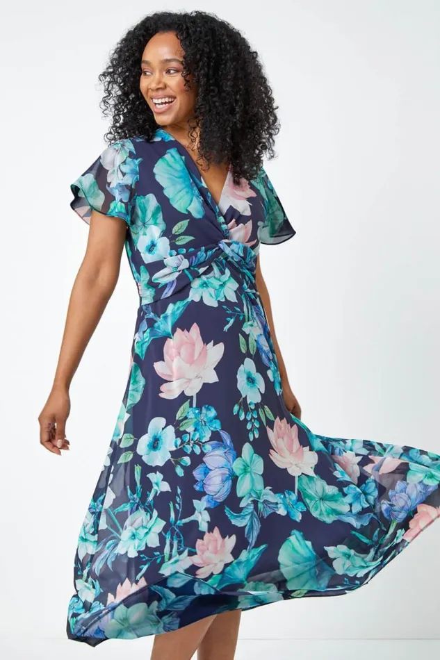 Navy Petite Floral Twist Front Chiffon Maxi Dress Women Roman Dresses