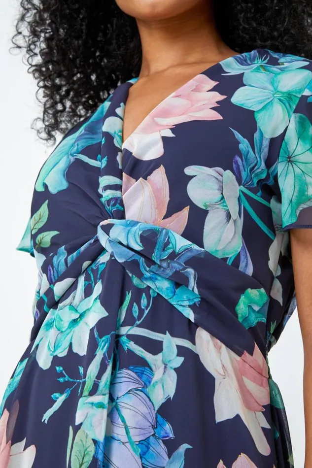 Navy Petite Floral Twist Front Chiffon Maxi Dress Women Roman Dresses