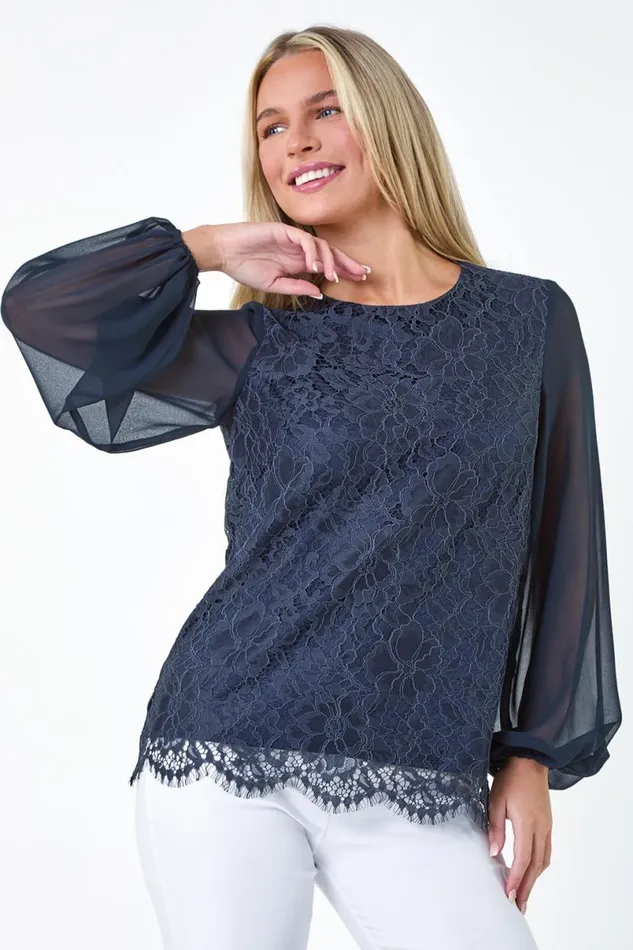 Navy Petite Lace Chiffon Sleeve Top Women Roman Tops