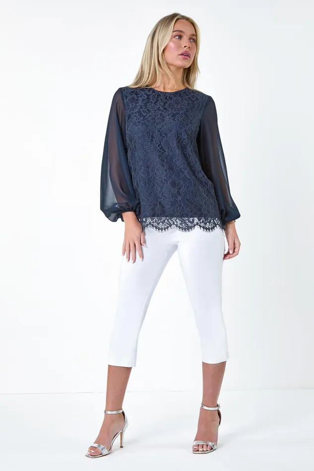 Navy Petite Lace Chiffon Sleeve Top Women Roman Tops