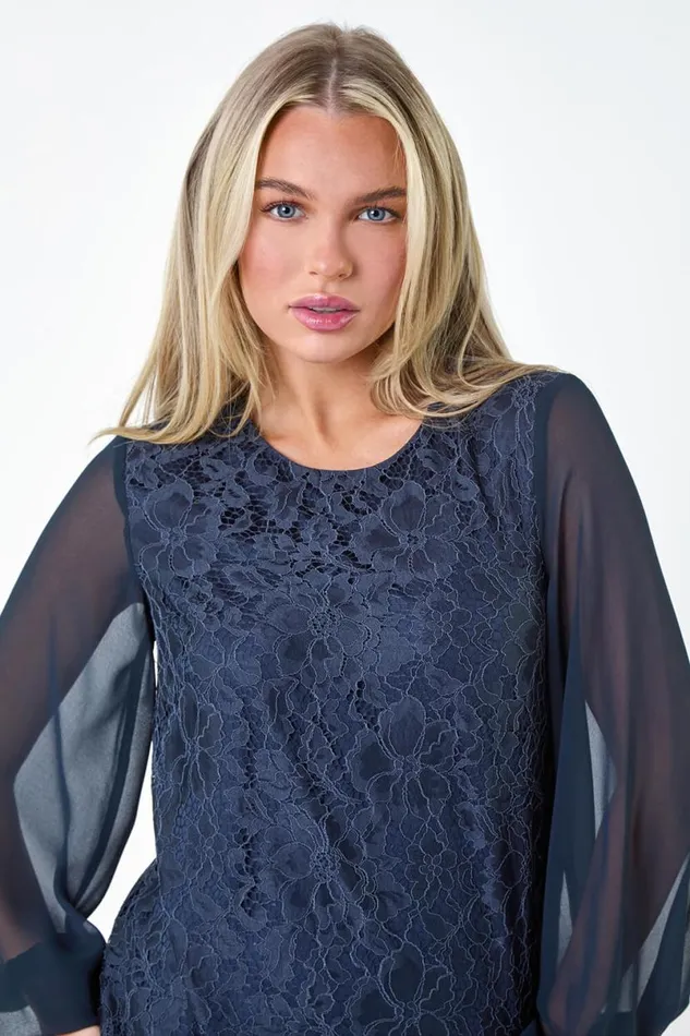 Navy Petite Lace Chiffon Sleeve Top Women Roman Tops