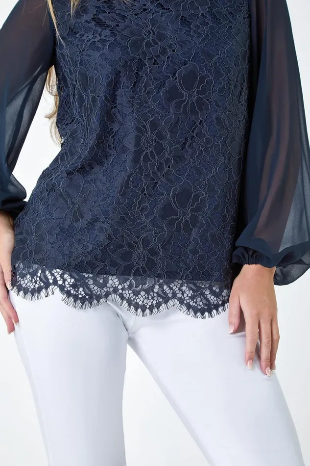 Navy Petite Lace Chiffon Sleeve Top Women Roman Tops