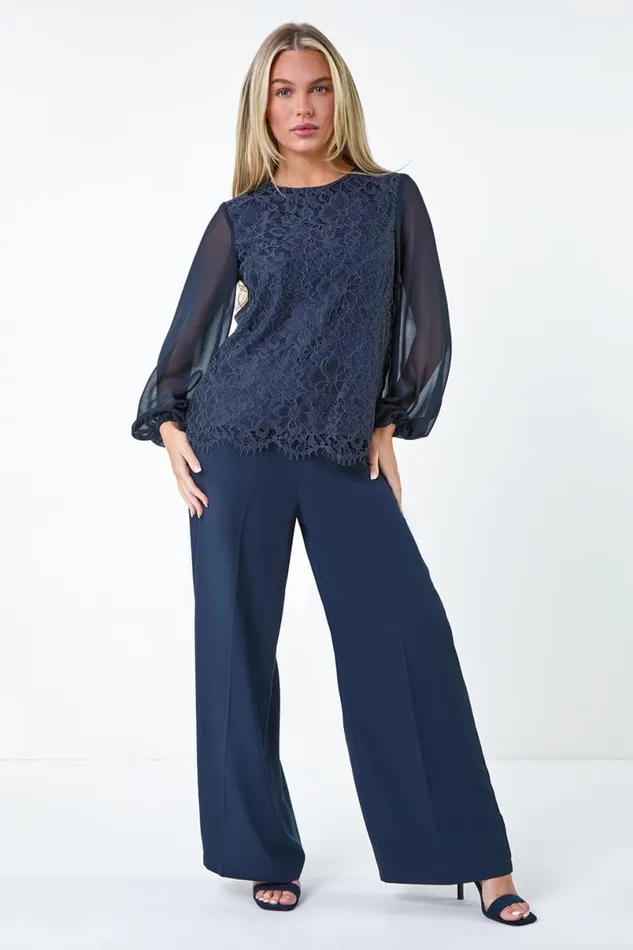 Navy Petite Lace Chiffon Sleeve Top Women Roman Tops