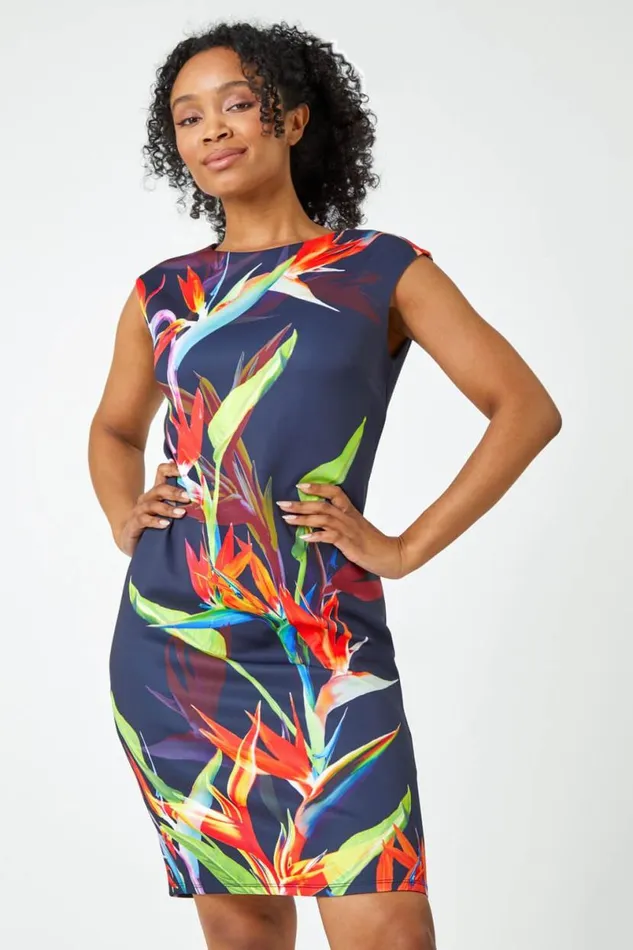 Navy Petite Premium Stretch Floral Shift Dress Women Roman Dresses