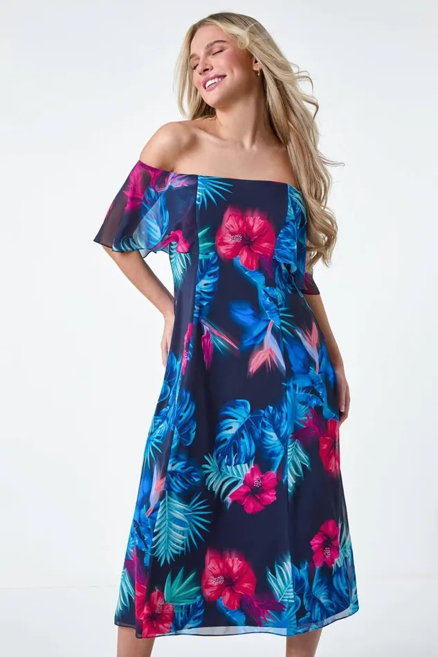 Navy Petite Tropical Floral Bardot Chiffon Dress Women Roman Dresses