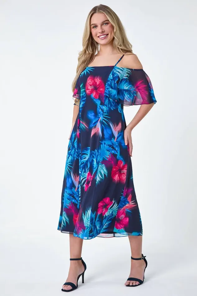 Navy Petite Tropical Floral Bardot Chiffon Dress Women Roman Dresses