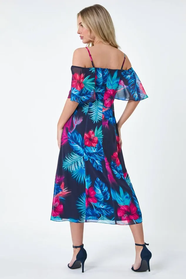 Navy Petite Tropical Floral Bardot Chiffon Dress Women Roman Dresses
