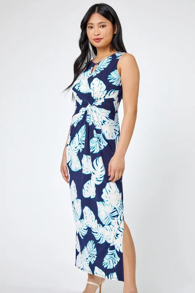 Navy Petite Tropical Print Ruched Maxi Dress Women Roman Dresses