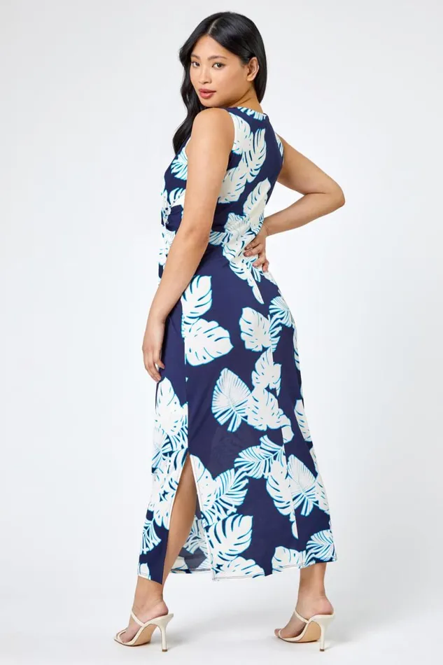 Navy Petite Tropical Print Ruched Maxi Dress Women Roman Dresses
