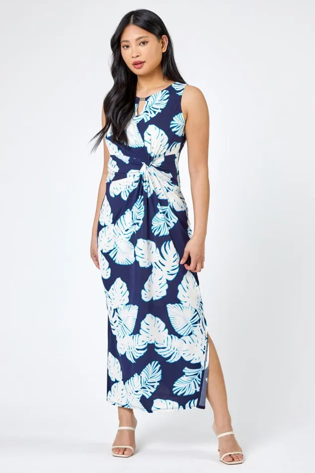 Navy Petite Tropical Print Ruched Maxi Dress Women Roman Dresses