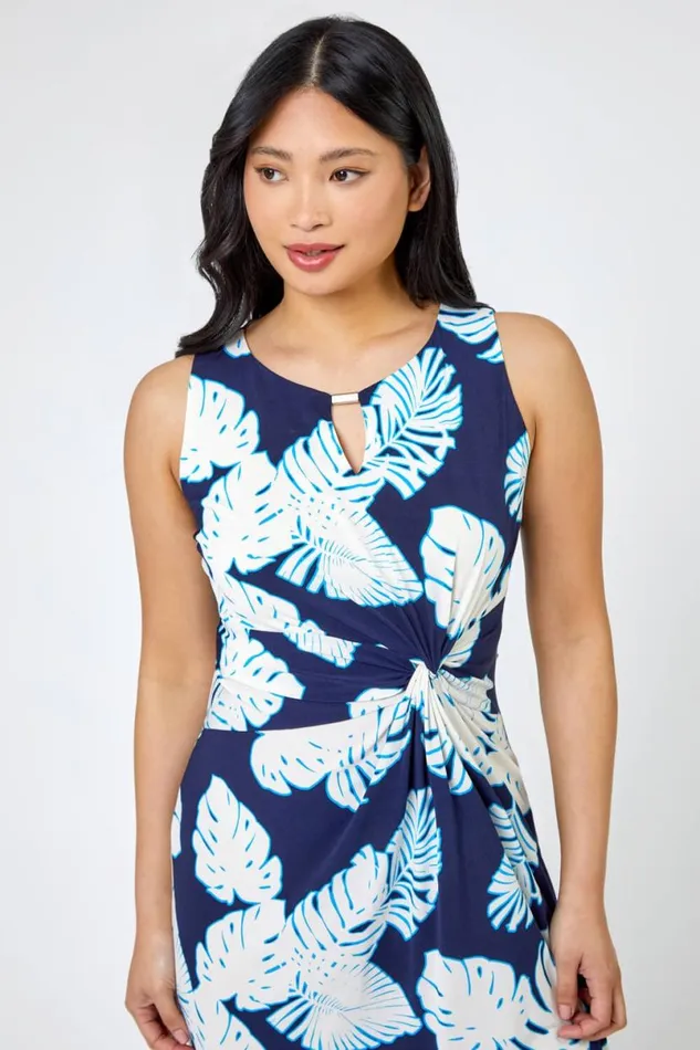 Navy Petite Tropical Print Ruched Maxi Dress Women Roman Dresses