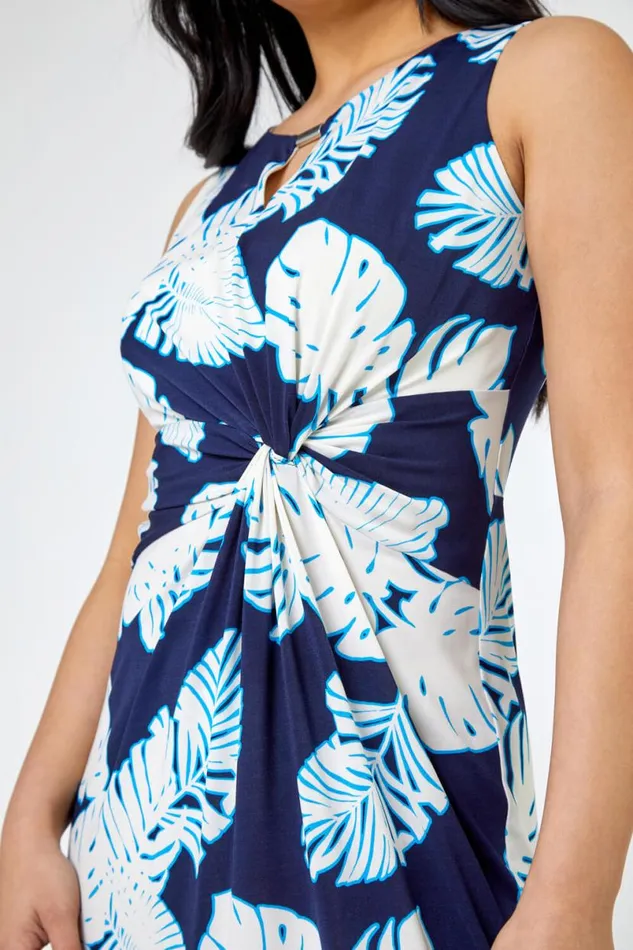 Navy Petite Tropical Print Ruched Maxi Dress Women Roman Dresses