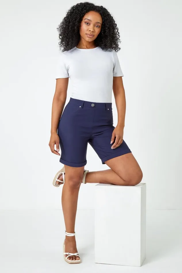 Navy Petite Turned Hem Elastic Waist Shorts Women Roman Shorts