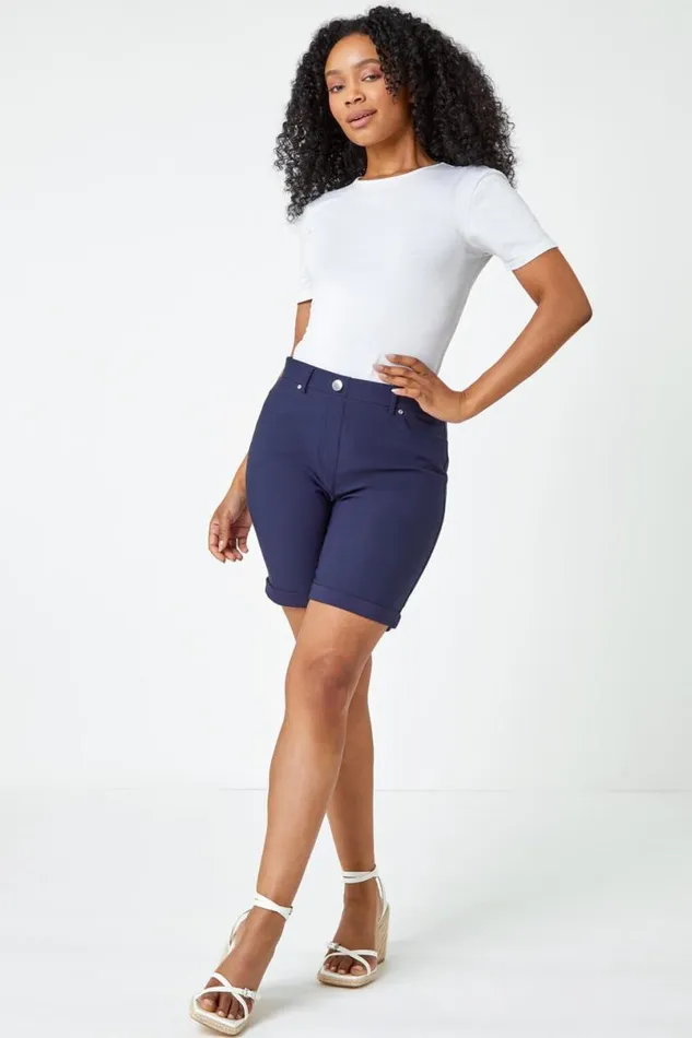 Navy Petite Turned Hem Elastic Waist Shorts Women Roman Shorts