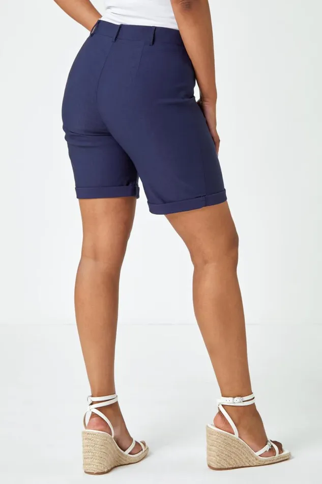 Navy Petite Turned Hem Elastic Waist Shorts Women Roman Shorts