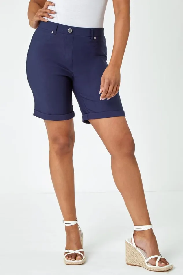 Navy Petite Turned Hem Elastic Waist Shorts Women Roman Shorts