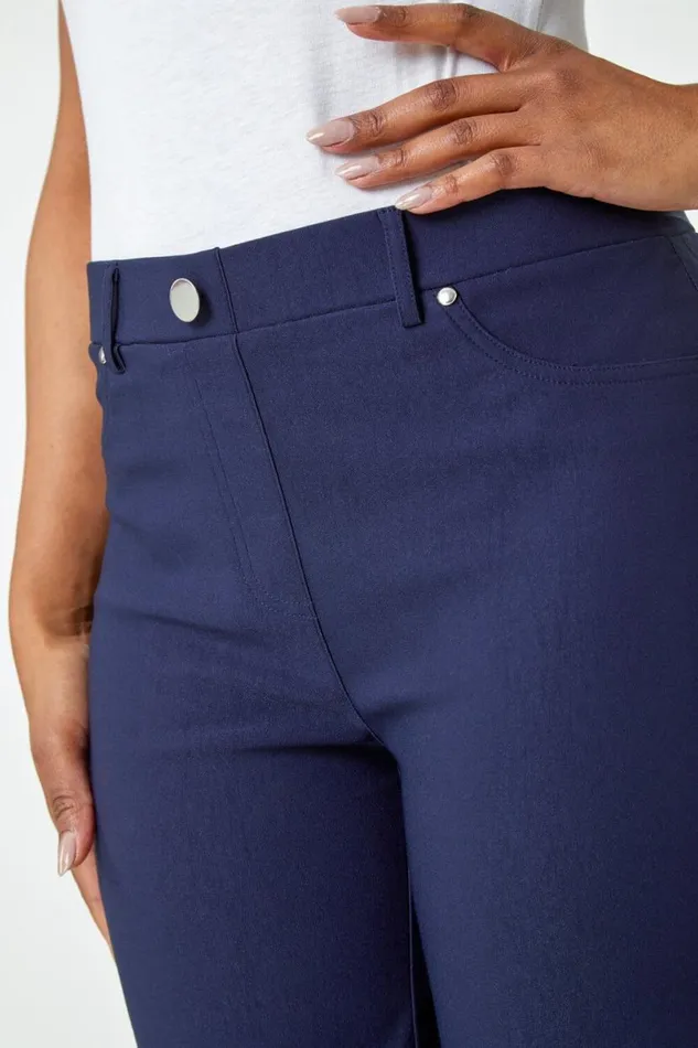Navy Petite Turned Hem Elastic Waist Shorts Women Roman Shorts