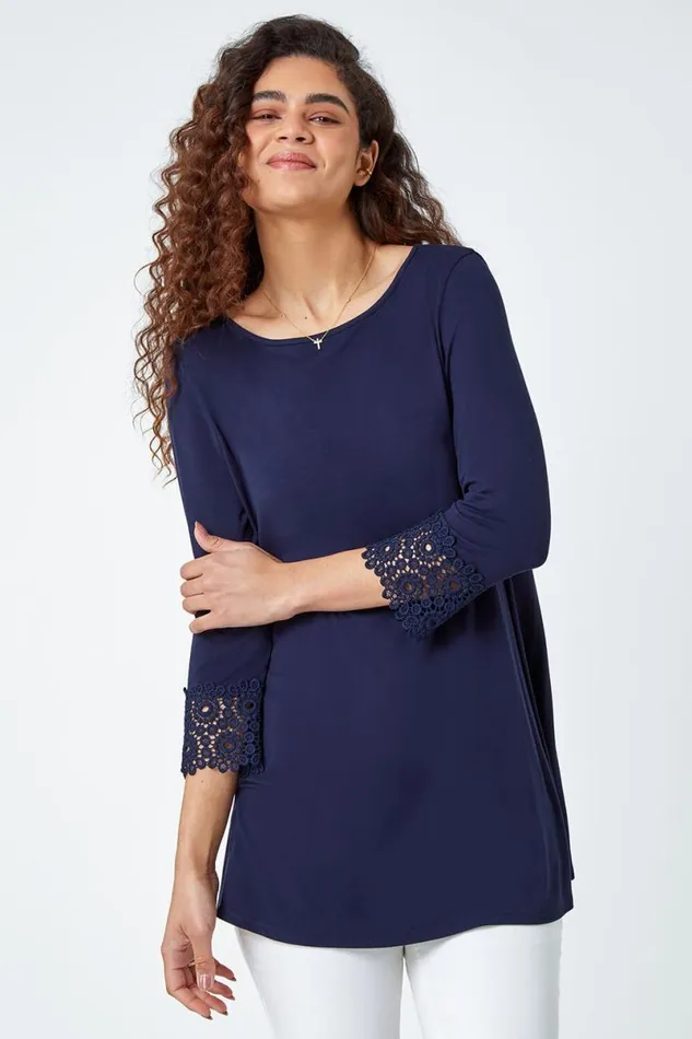 Navy Plain Lace Trim Stretch Top Women Roman Tops